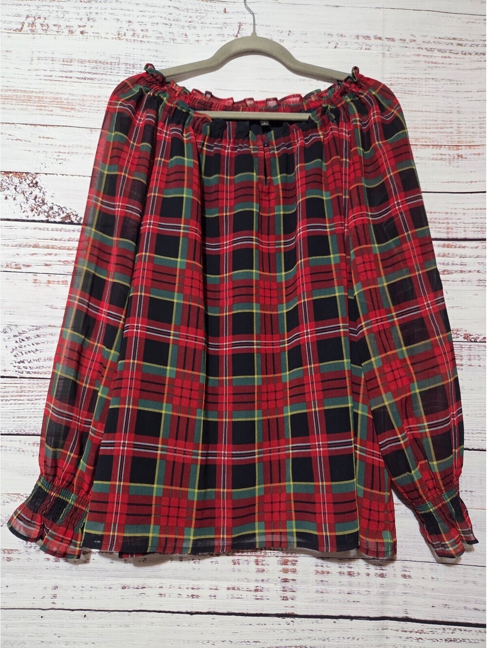 Talbot Large Red Plaid Off-Shoulder Blouse with Sheer Long Sleeves